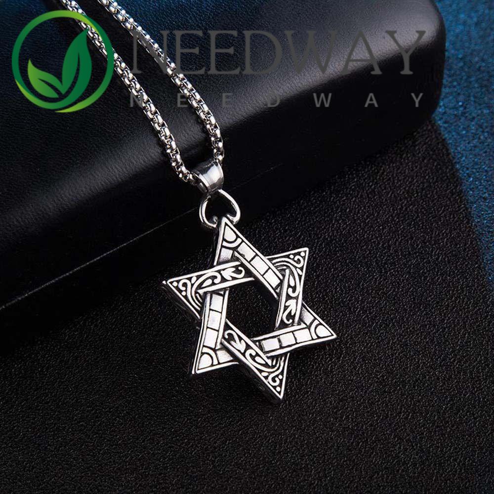 Needway  Vintage Men's Necklace Cold Locomotive Accessories Six-pointed Star Necklace Wind Male Geometric Personality Simple Hip Hop Fashion Jewelry/Multicolor