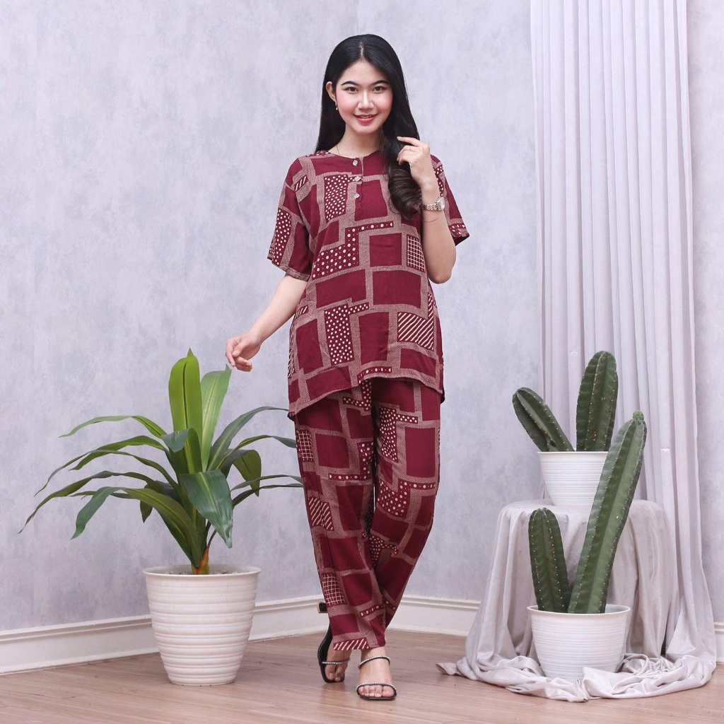Setelan CP ANDIN Setelan Tyedye Batik Piyama Batik Baju Tidur Dater Cantik-RACHEL MAROON