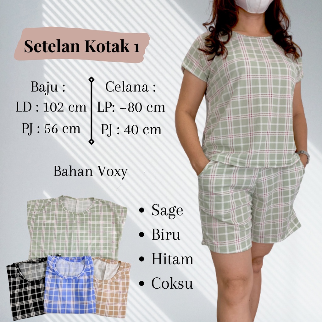 012 Setelan Baju Celana Pendek Wanita Motif Kotak 1