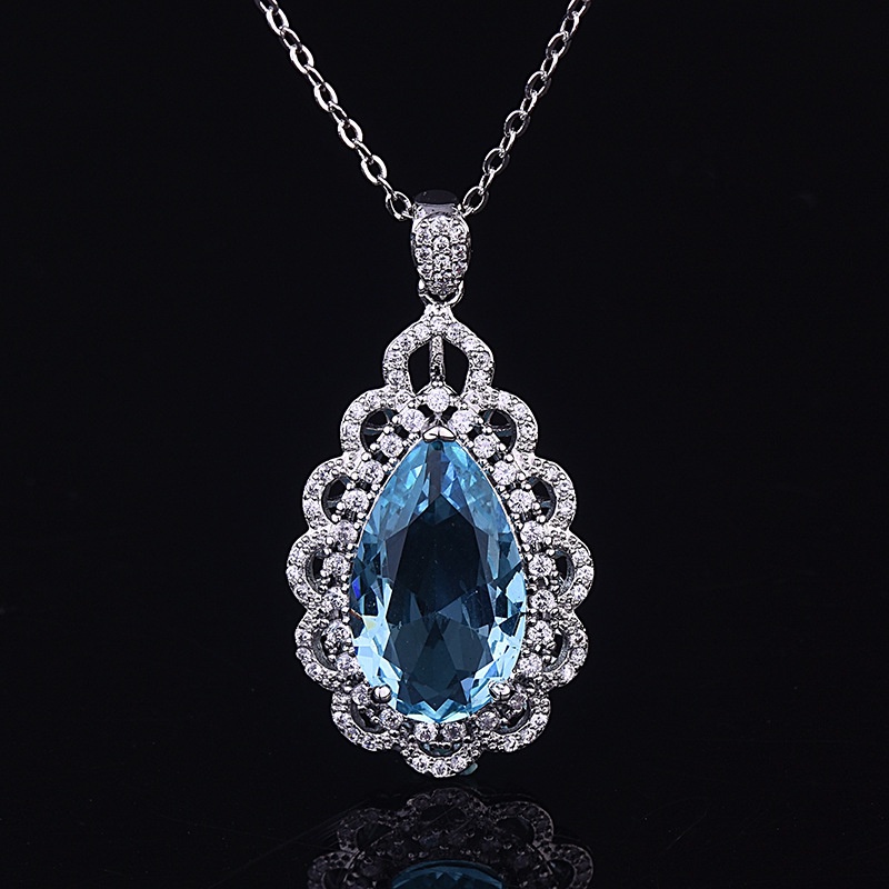 [Ready Stock]Fashion Luxury Full Diamond Inlaid Blue Gem Drop Necklace Pendant