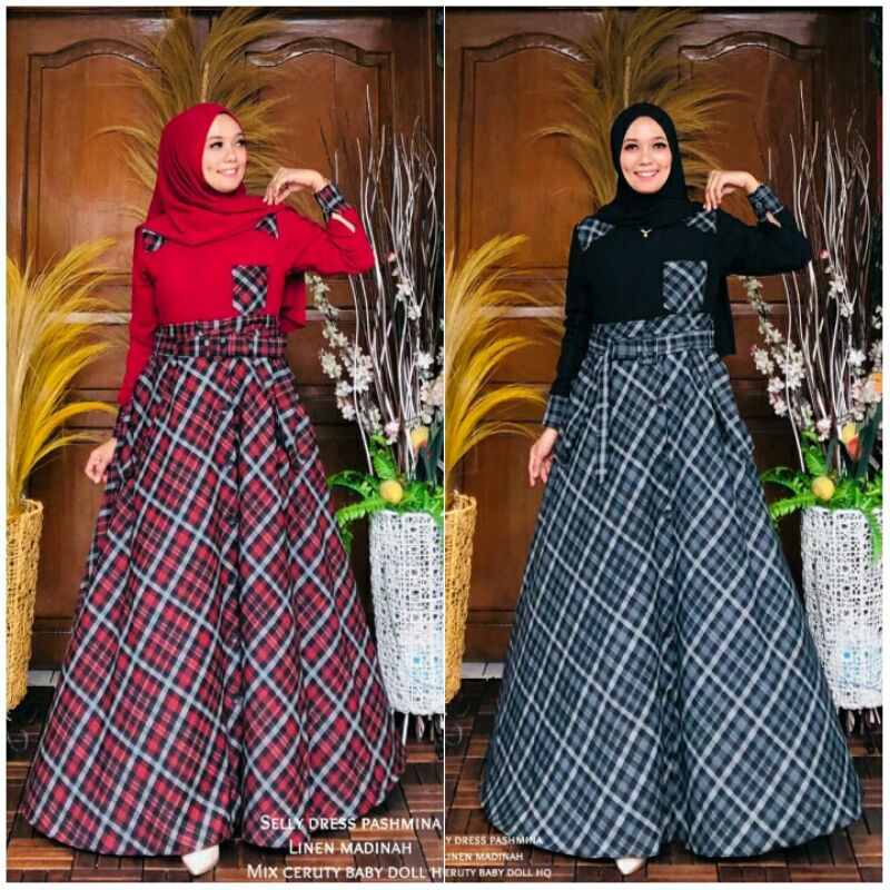 Selly Dress Muslim Original / Dress Kotak Set Pashmina Cantik / Gamis Cantik Remaja Kekinian Terbaru