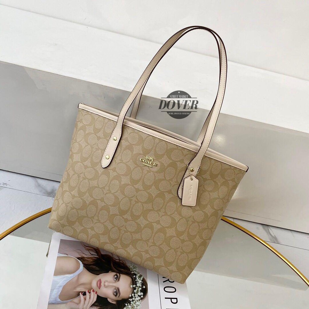 Coach Tote Bag City Zip in Signature Khaki Chalk - ORIGINAL 100%