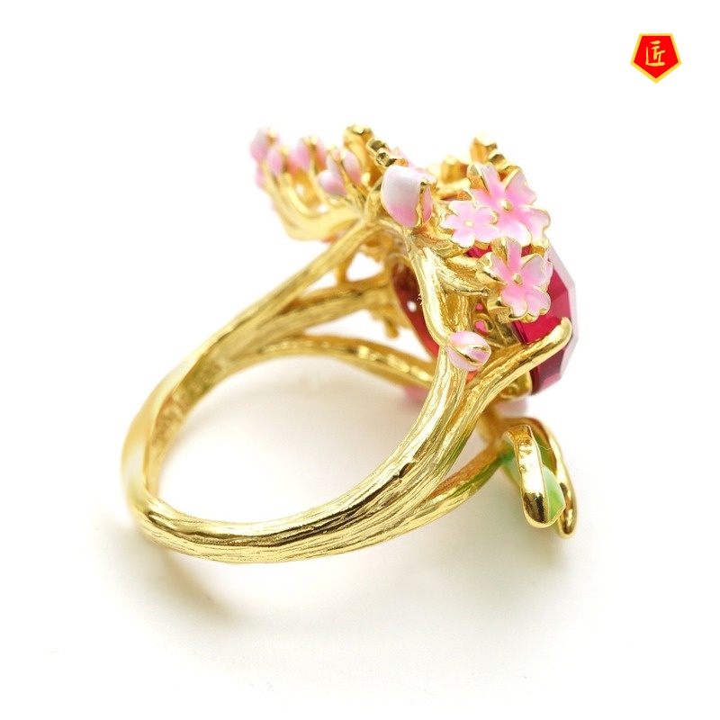 [Ready Stock]Diamond Pink Flower 18K Gold Ring Amethyst Noble Elegant Graceful