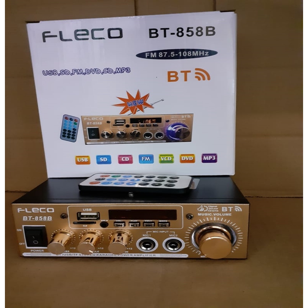 Ampli Fleco BT-858B Power Amplifier AC DC Bluetooth USB FM SD Mp3 BIKIN BASS MENGGELEGAR