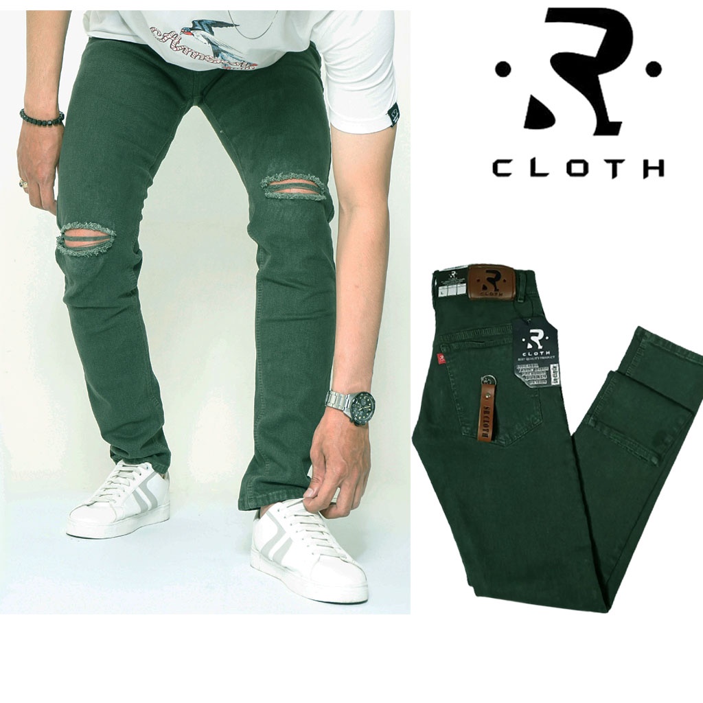 celana jeans panjang pria sobek ripped jeans skinnyfit Hijau army