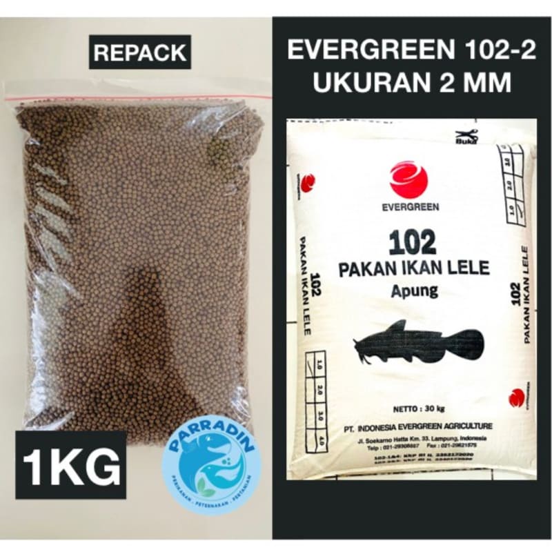 PAKAN IKAN LELE APUNG EVERGREEN 102-2 Repack 1KG Ukuran 2MM