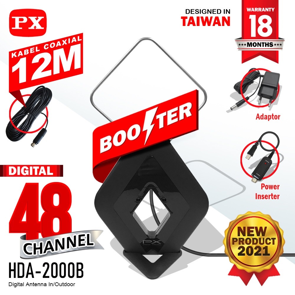 PX HDA-2000B Antena TV Digital Analog bisa Indoor Outdoor Booster bonus Kabel 12M STB Siaran digital