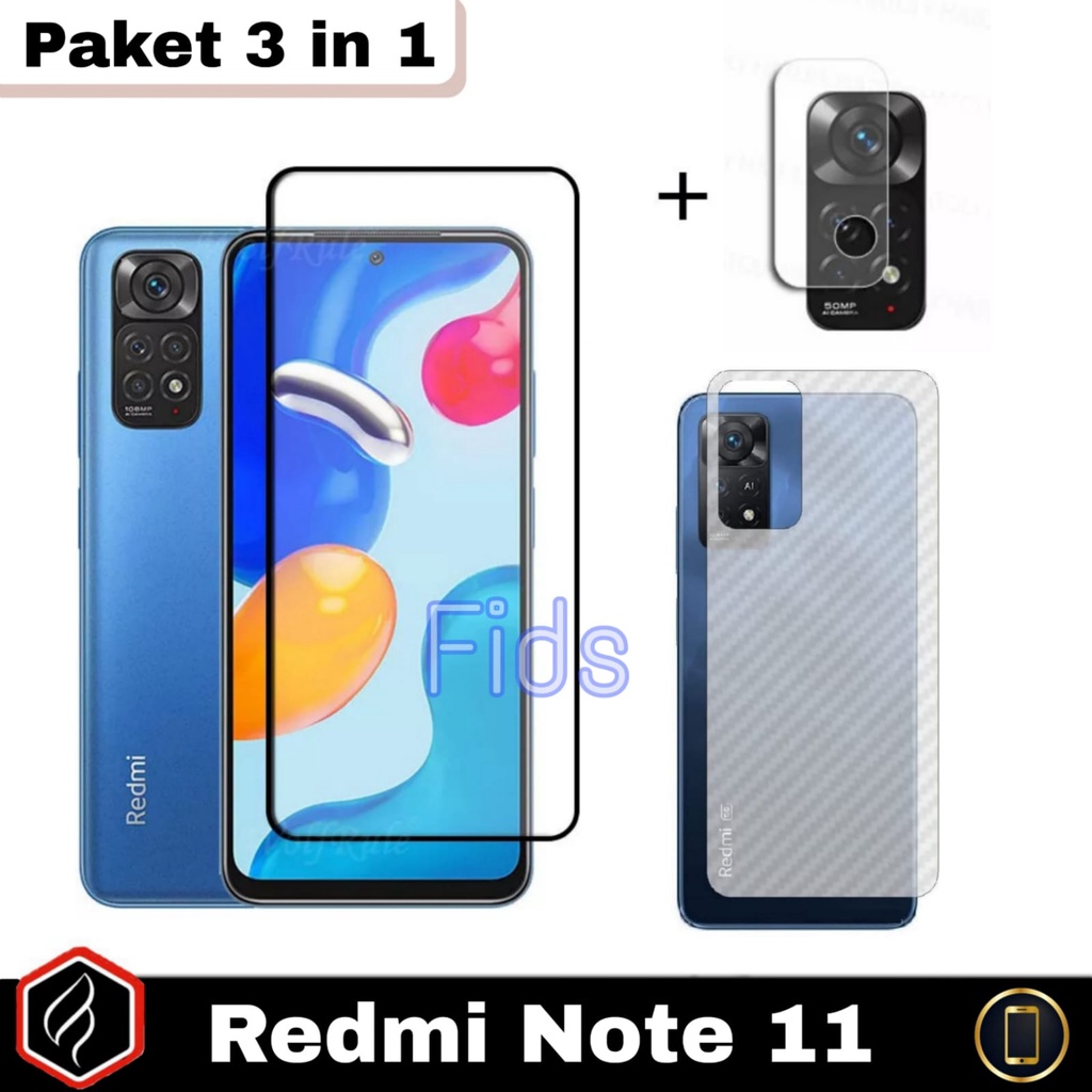 Paket 3 in 1 Xiaomi Redmi Note 11 / Note 11 Pro 5G Anti Gores Layar + Tempered Glass Camera Free Skin Carbon Redmi Note 11