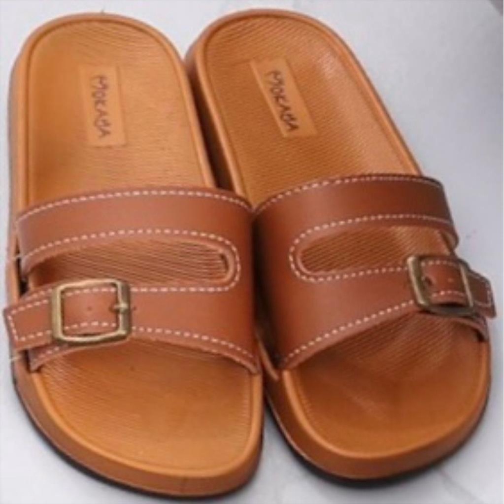 Sandal Slop Jelly Wanita Ban 2 Sambung Ada Gesper Casual Mewah Elegant Import Mokaya / Size 37-41 (1688-2)-Cokelat muda