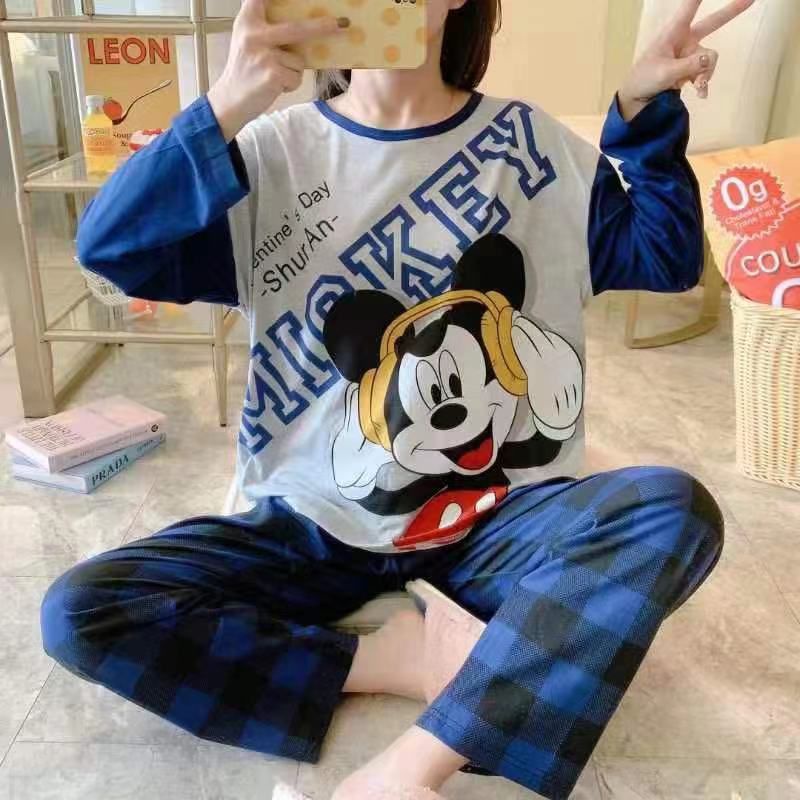 COMFIT STORE PJ3 PP Setelan Piyama Wanita Jumbo Tangan Panjang Celana oversize Baju Tidur Dewasa Import Korea-MICKEY BIRU