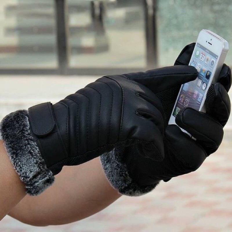 Sarung tangan winter pria gloves hangat musim dingin touchscreen kulit leather hitam black MEN