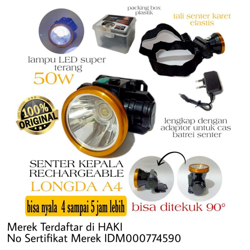 Senter kepala A4 LONGDA rechargeable. spesifikasi: *ada charger +kabel