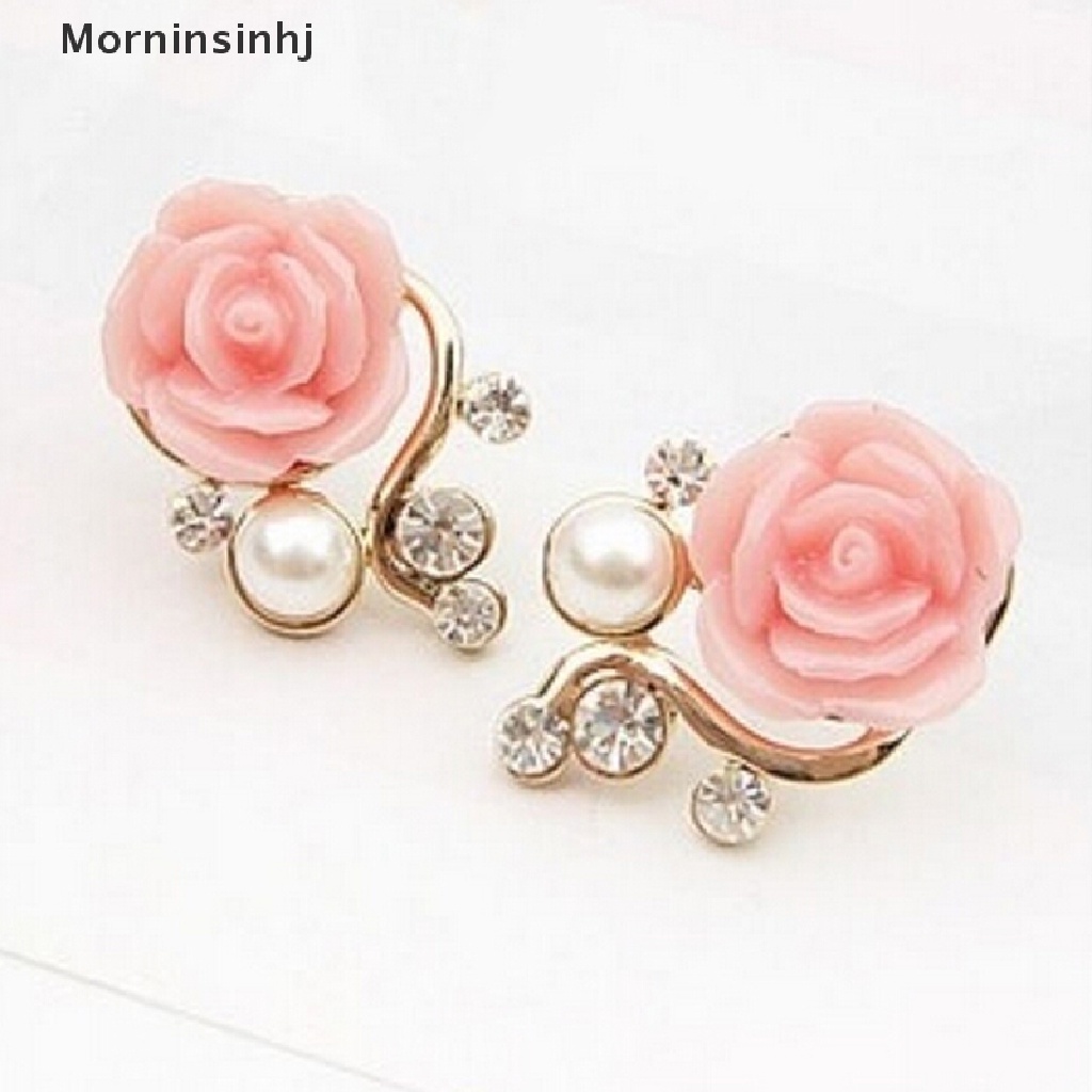 Mornin Wanita Manis Fashion Earings Rose Shaped Mutiara Buatan Berlian Stud Earrings id