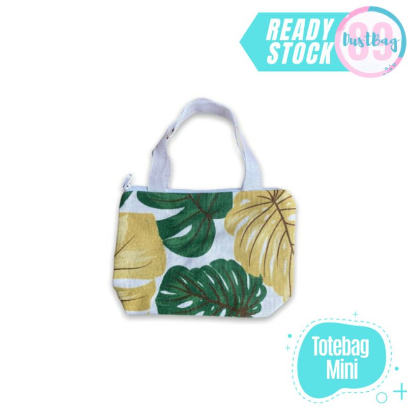 Totebag Mini Resleting Handbag Travel Size Lucu Kekinian Motif Monstera Hijau