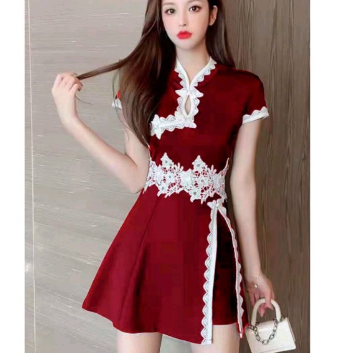 0320 Set2in1 Baju mini dress set celana pendek hotpants hotpant maroon hitam Imlek Chinese new year 