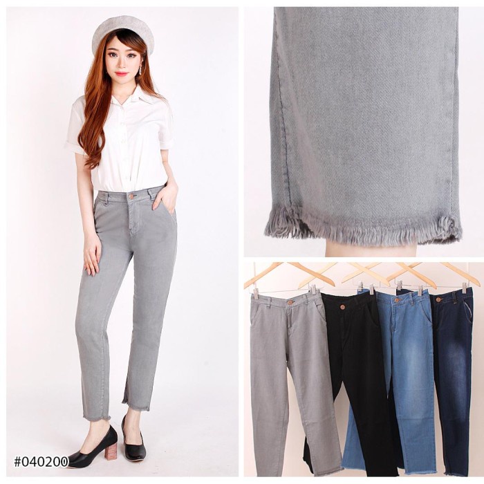 Celana Panjang Boyfriend Jeans Wanita Model Pinggang Karet Rumbai - Abu, All Size