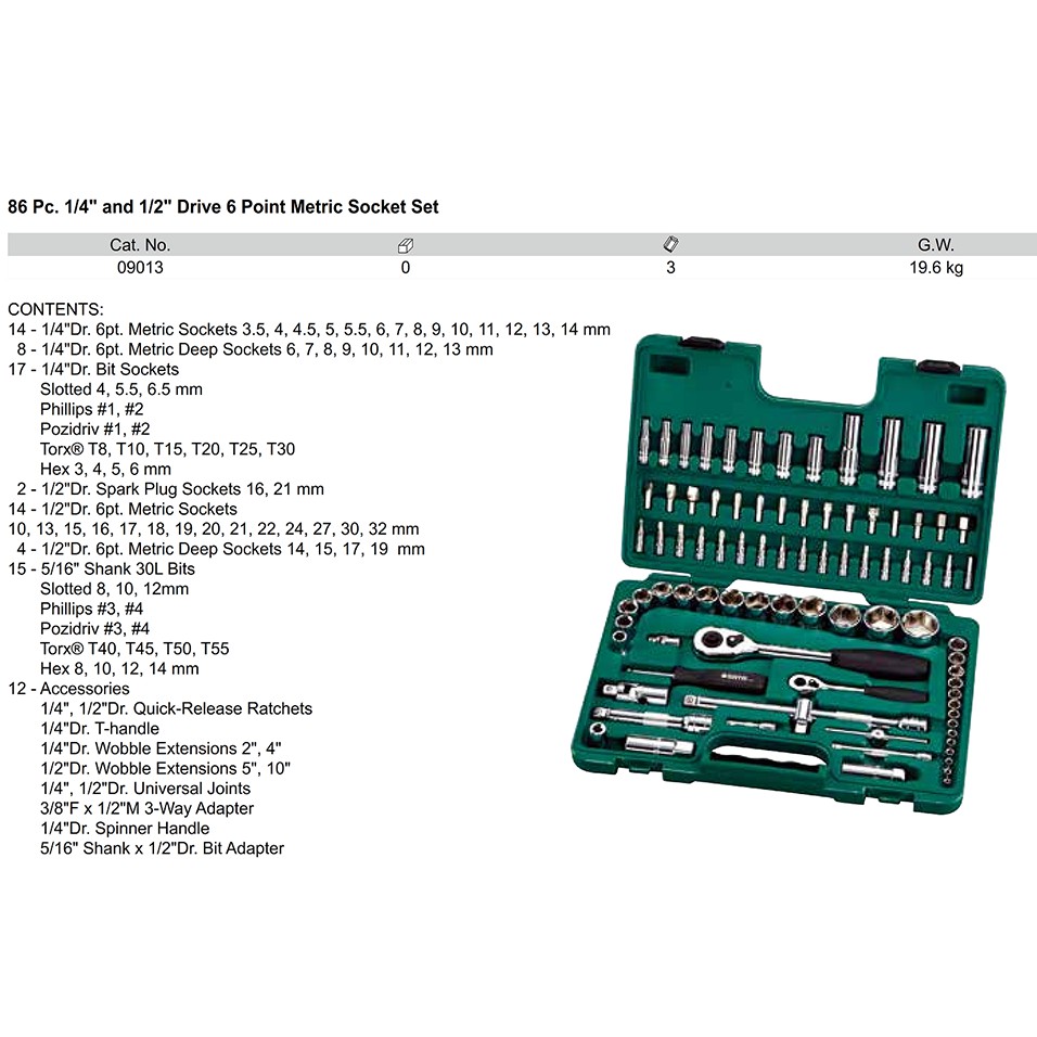 Kunci Socket Set 86 Pcs 1/4 Inch &amp; 1/2 Inch (METRIC) 09013 SATA TOOLS