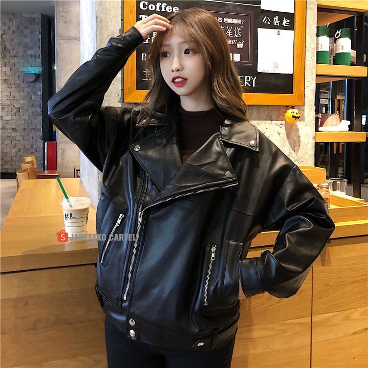 JNK x NYC - Jaket Kulit Oversize Leather Jacket Women Wanita Korean Jumbo Oversized Crop Asli Garut Original Premium Import Distro Korean Style Rock N Roll 100% Cewek Kekinian Besar Tebal Button Terbaru 2023 Classic Vintage Casual Warna Hitam Ukuran M-XXL