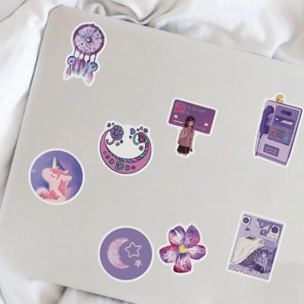 50pcs Stiker Decal Motif Kartun Anak Perempuan Warna Ungu Untuk Dekorasi Laptop / Handphone / Skateboard / Mobil