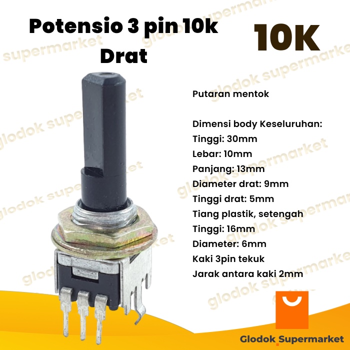 Potensio 3 pin 10k Drat Mono Kaki 3 Tekuk Segi Hitam 103