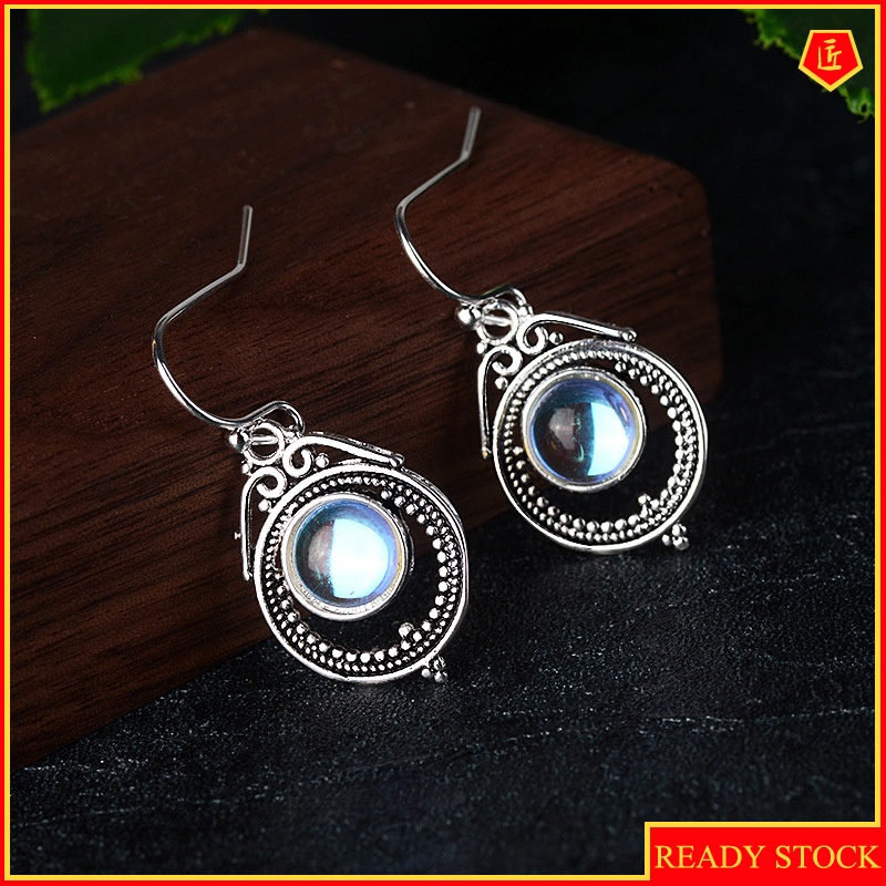 [Ready Stock]Retro Silver Moonstone Earrings Women's