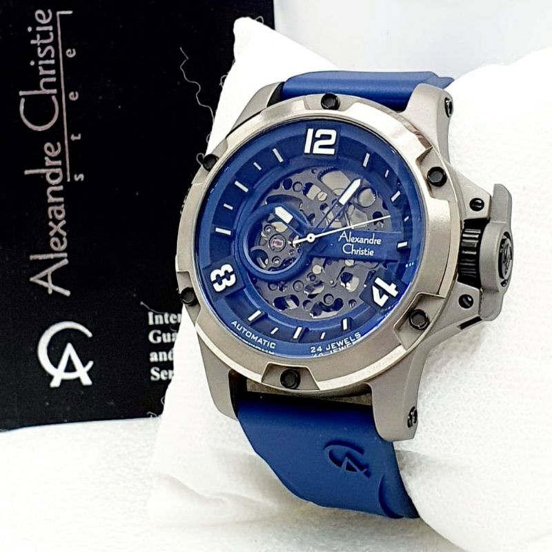 Alexandre Christie Original Automatic  AC 6295 Jam Tangan Pria Tali Karet biru abu