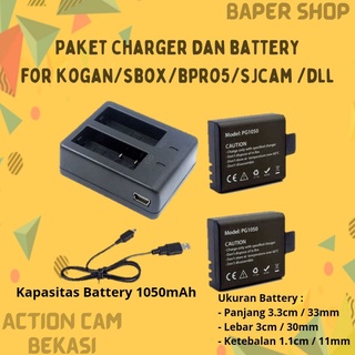 Paket Dual Charger Dan 2 Battery Baterai 1050mAh For Xiaomi Yi 4K Discovery Kogan Brica Sjcam Sbox