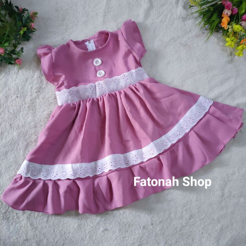 Dress anak 1 2 tahun baju anak cewek rok moscrepe renda polos ( dress moscrepe renda )