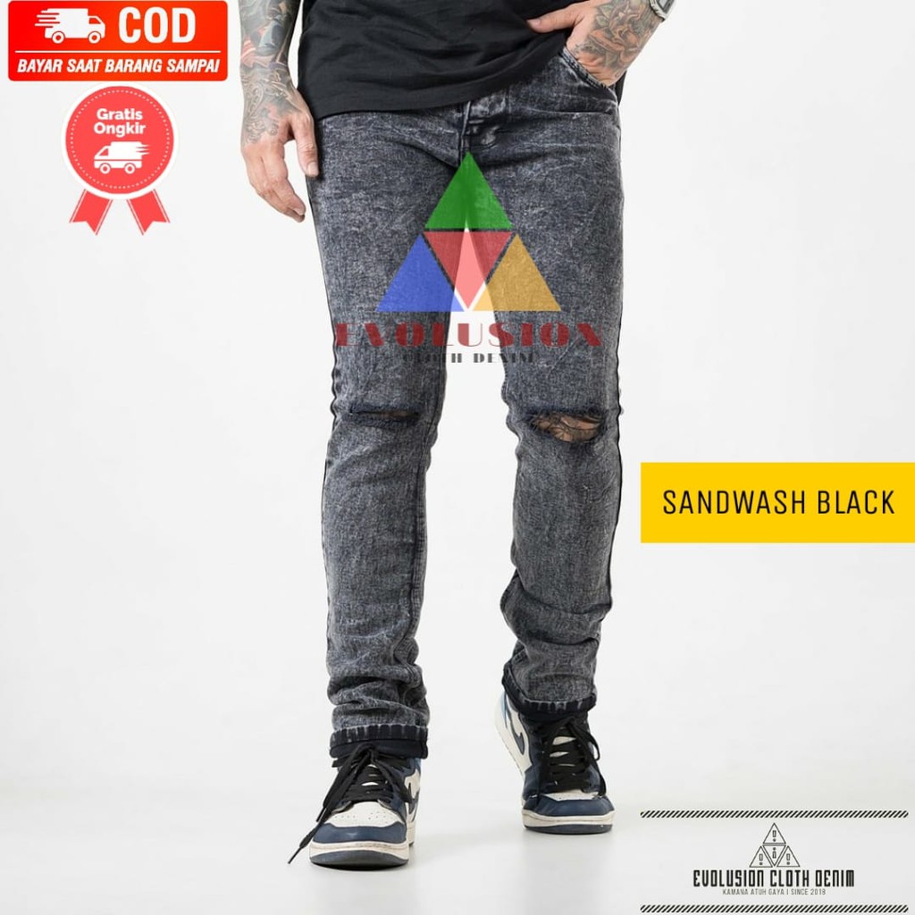 [COD} Promo Celana Jeans Sobek Lutut Pria Snow Black Sandwash Acid Ripped Premium