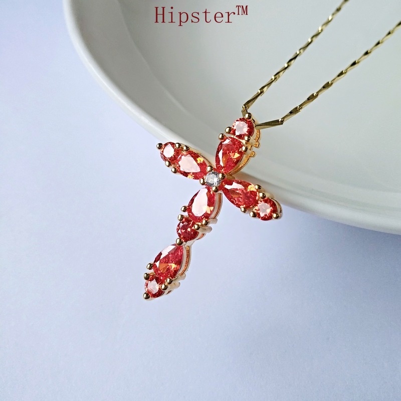 New Personalized Minority Simple and Natural Ruby Cross Pendant Vintage Temperament Clavicle Chain