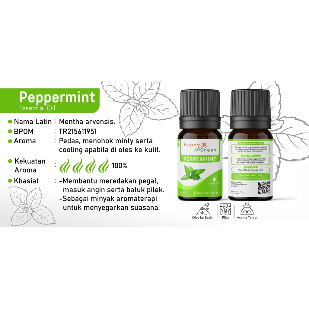 BPOM Happy Green Peppermint Essential Oil  - Minyak Mint 100% Pure Murni Garansi Uang Kembali