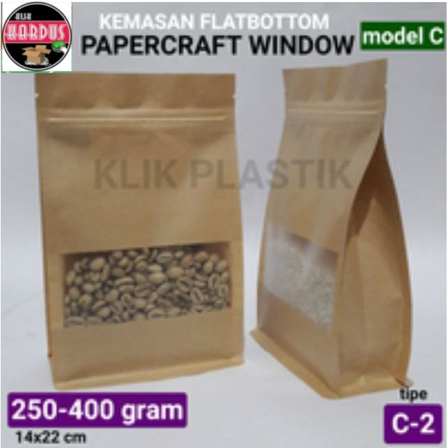 GUSSET FLATBOTTOM KRAFT 250GR WINDOW/KEMASAN STAND POUCH PLASTIK KLIP