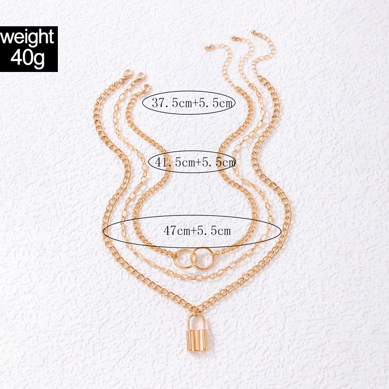 2022 Kalung Rantai alloy Tiga Lapis Dengan Liontin Gembok Geometris Untuk Wanita