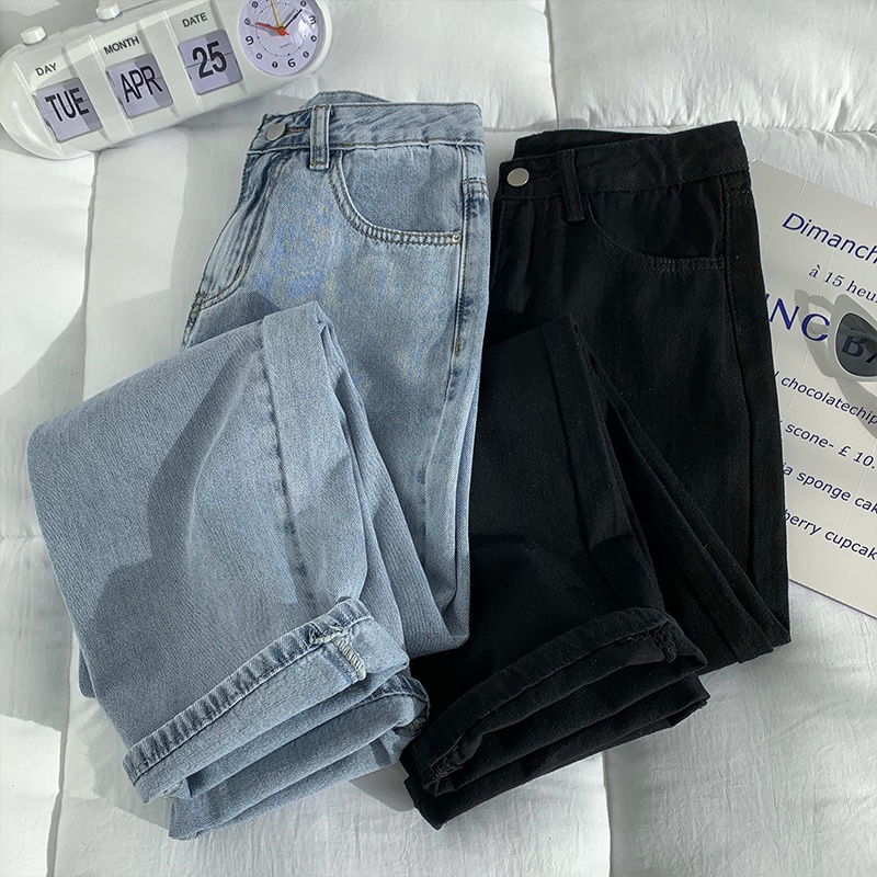 Highwaist Celana Jeans Wanita Straight Loose Krem/Biru/Hitam