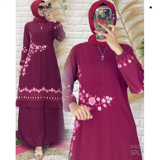 Gamis Malaysia Bordir Bunga Samping Premium Terbaru