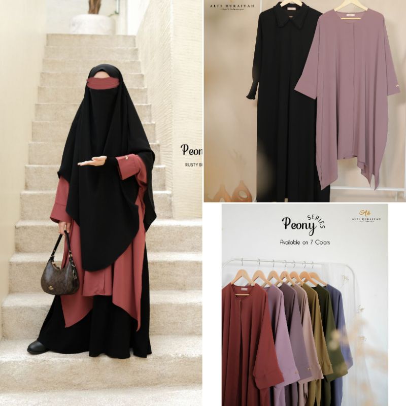 PEONY SERIES BY ALFI HURAIYAH | GAMIS SET OUTER | FRENCH KHIMAR | CORDELIA CRINKLE JETBLACK LW