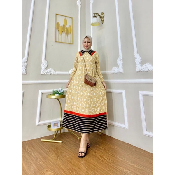 MIDI DRESS MOTIF GUCCI RAYON BUSUI || gamis rayon susun busui motif