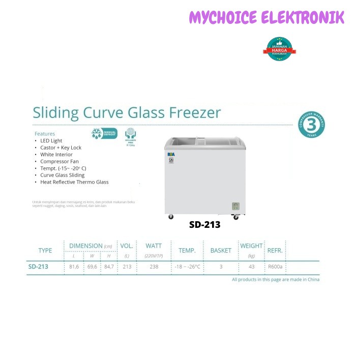 RSA Sliding Curve Glass Door Freezer SD-213
