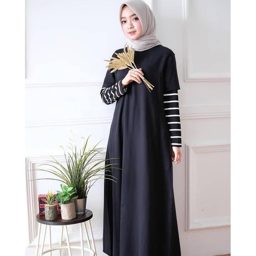 Unik Baju Dress Muslim Wanita/ MONEL DRESS AQ002/ Dress TerMurah - Black Murah