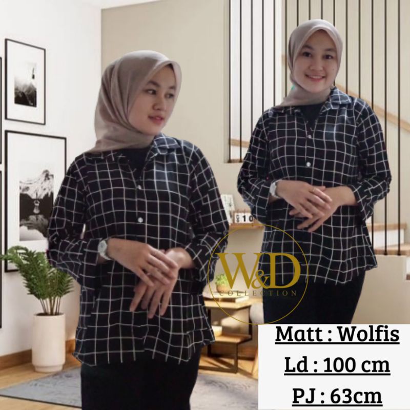 Kemeja Wanita Monalisa Atasan Blouse Casual Lengan Panjang Korea Kotak Square Cewek Wolfis