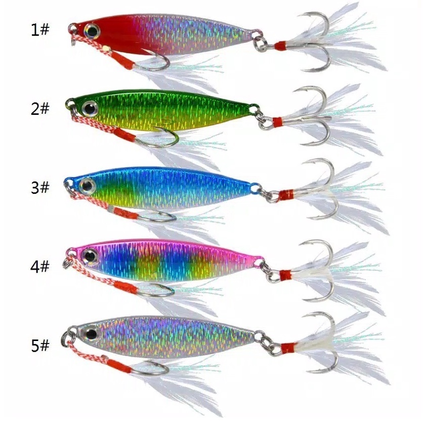 satuset (isi 5) Metal Jig Berbulu 15gr/5.5cm Umpan casting laut pinggiran Pancing Ikan Fishing Lure 