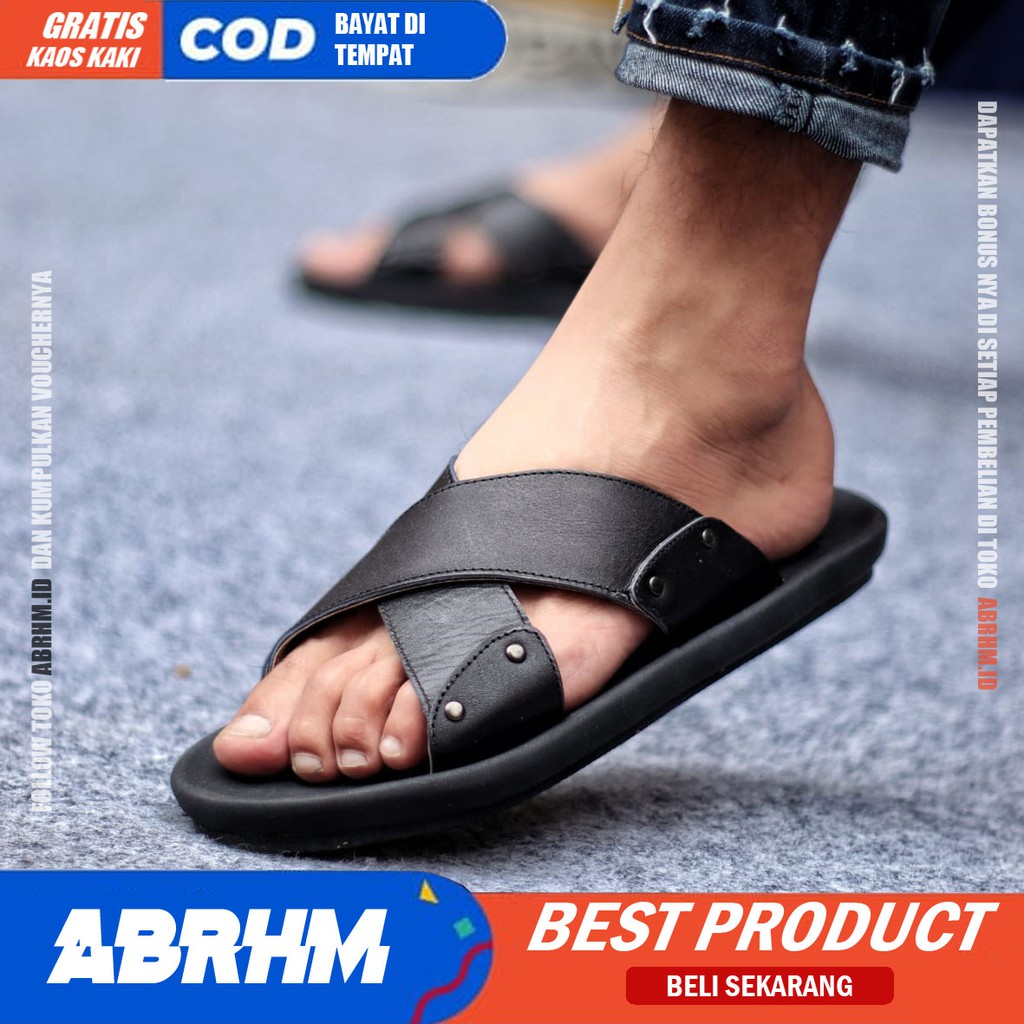 ABRHM x XMIN Sandal Slide Pria Sandal Slop Pria Kulit Asli Sendal Selop Cowok / Cowo Ori Kekinian