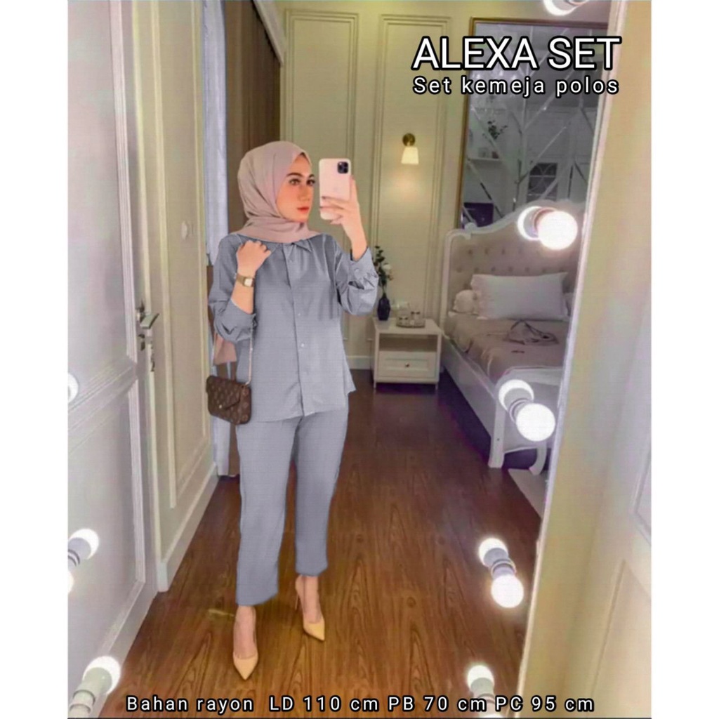 Alexa One Set Wanita Rayon Premium Setelan Wanita Kemeja Polos Lengan Panjang Set Celana Wanita Kekinian LD 110 cm