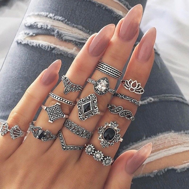 15 Pcs/Set  Fashion Silver Midi  Finger Ring Set / Ladies Smooth Fine Thin Finger Ring  / Vintage Punk Black Gemstone Rings