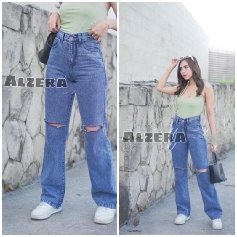 Alzera• Highwaist Jeans Kulot Sobek Snowblue Lurus