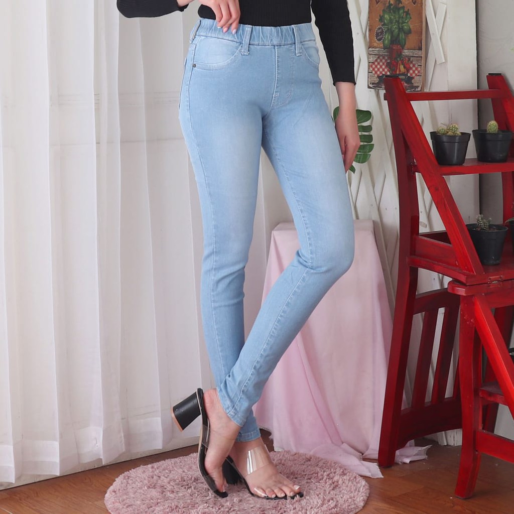 7C-G CELANA JEANS PREMIUM LEGGING BIRU MUDA /PINGGANG KARET JEANS /SKINNY JEANS /27 - 31