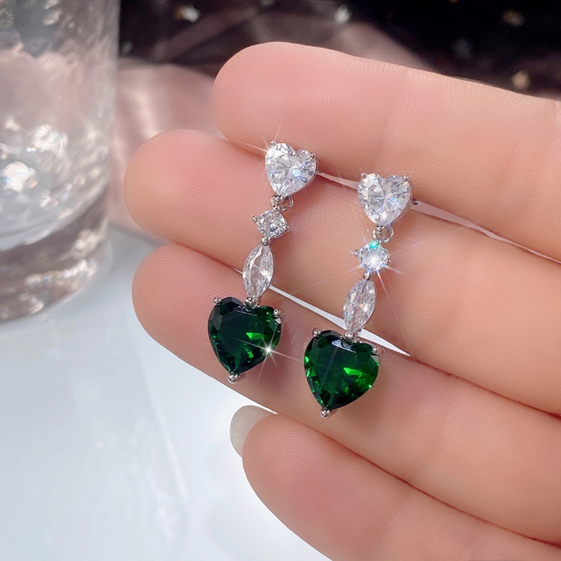 Anting Juntai Bentuk Hati Bahan Cubic Zirconia Warna Hijau Zaitun Untuk Wanita