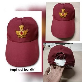 Topi Merah Putih / Topi Merah Polos Anak SD / Topi Seragam Sekolah SD Kelas 1-6 Logo Bordir