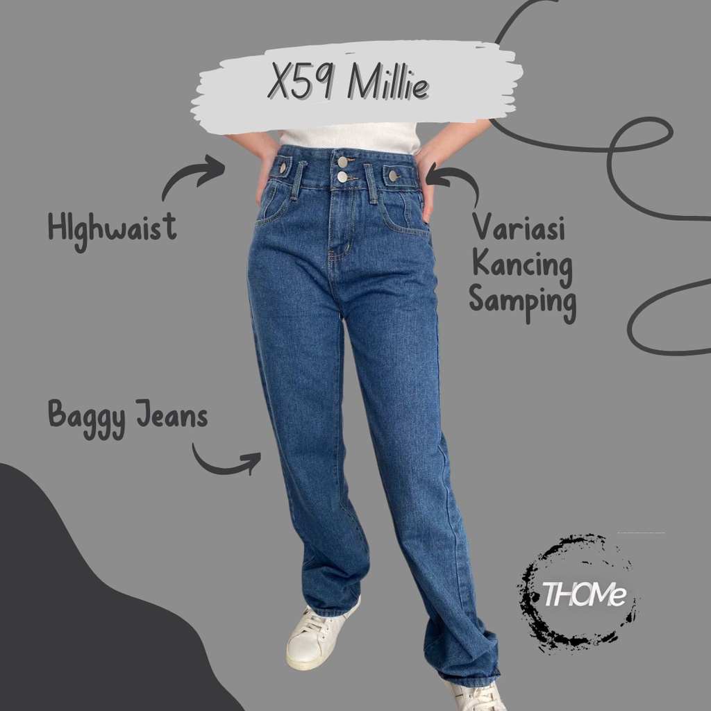 celana wanita  THOMe - Celana Jeans Panjang Highwaist Baggy Jeans Wanita Korean Style Kekinian - MIL
