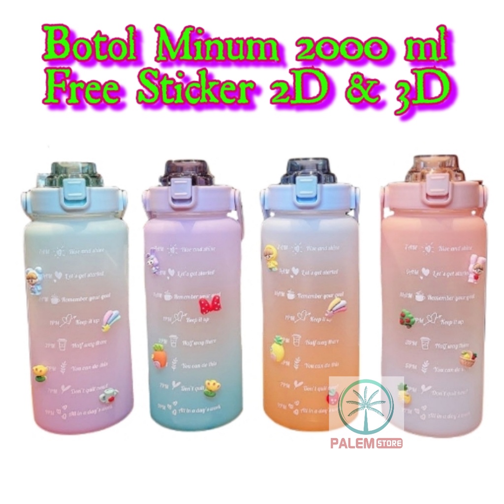 Botol Minum Motivasi dengan Penanda Waktu Kapasitas Besar 2000 ml Murah Free Stiker 2D &amp; 3D